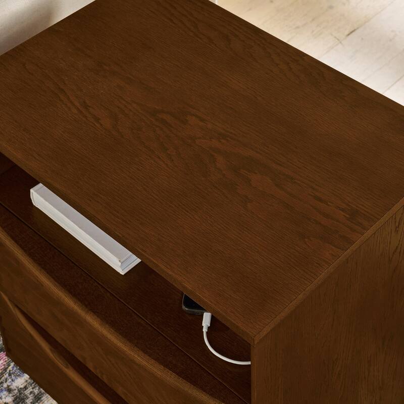 Mid Century Nightstand with Charging Station & 2 Drawers