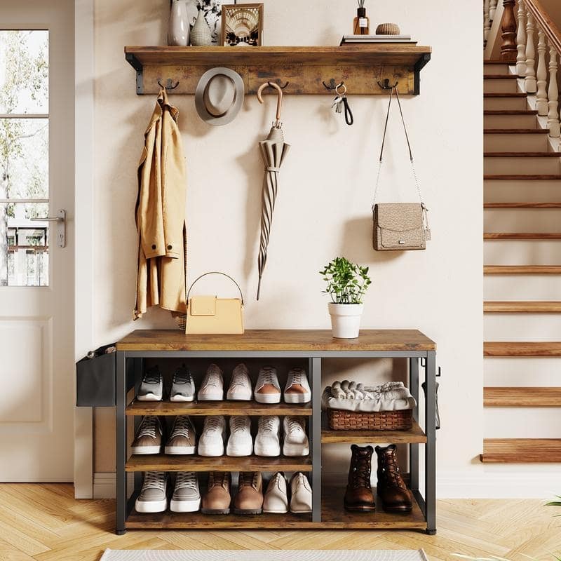 Industrial Hall Tree with 6 Hooks, Entryway Bench with Shoe and Coat Racks