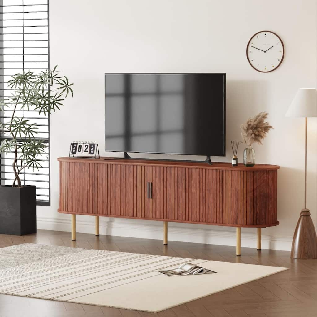 70.1" Modern TV Stand with Sliding Doors and Storage Compartments, Entertainment Console Cabinet
