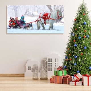 Framed Canvas Wall Art Decor Painting For Chrismas, Kids on White Horse Sledge Painting For Chrismas Gift - Multicolor