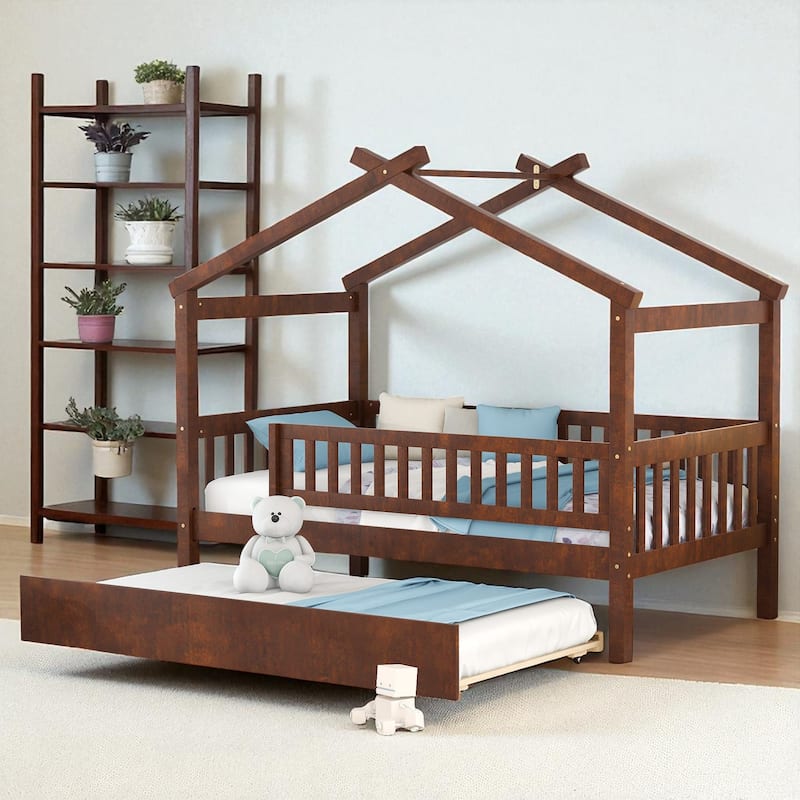 Twin Size Wooden House Bed with Trundle, Roof Design Platform Frame with Headboard for Kids, No Box Spring Needed - Walnut - Twin