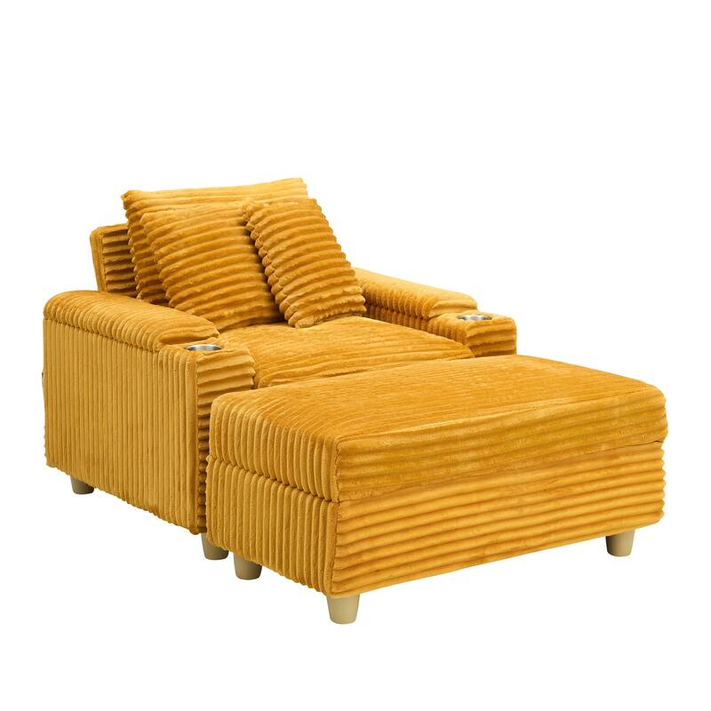 Corduroy Accent Chair & Storage Ottoman Set of 2, Single Sofa Armchair Lounge Chair with Pillows & Cup Holders