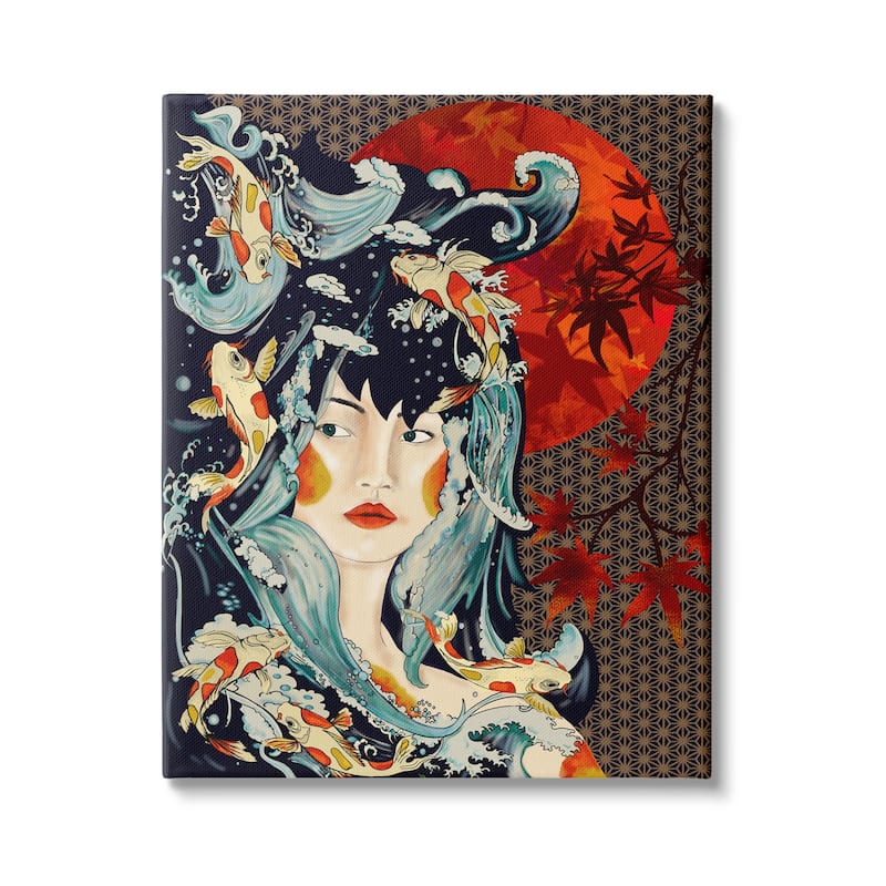 Stupell Regal Female Abstract Portrait Geometric Pattern Koi Fish Canvas Wall Art - Multi-Color - 24 x 30