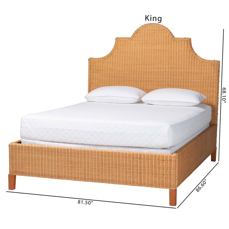 Melanie Natural Rattan Bed - Coastal Boho Bed Frame with Scalloped Headboard