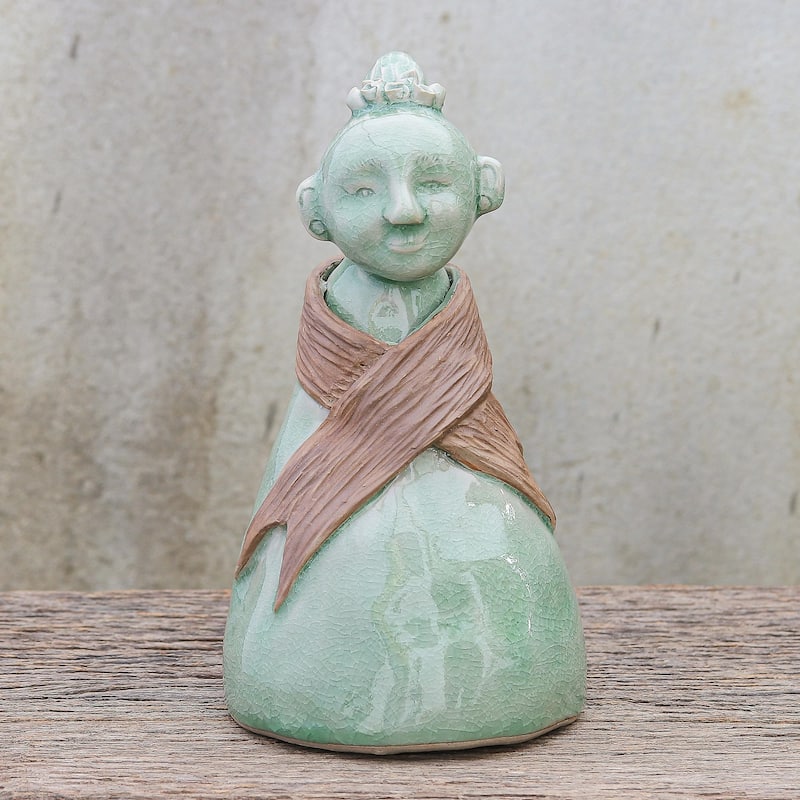 Novica Handmade Hill Tribe Woman Celadon Ceramic Sculpture