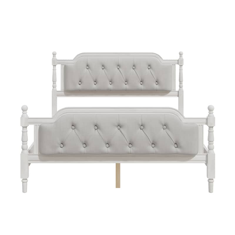 Wood Bed Frame with Button Tufted Headboard and Footboard, Upholstered Bed Four Poster Bed, No Box Spring Needed