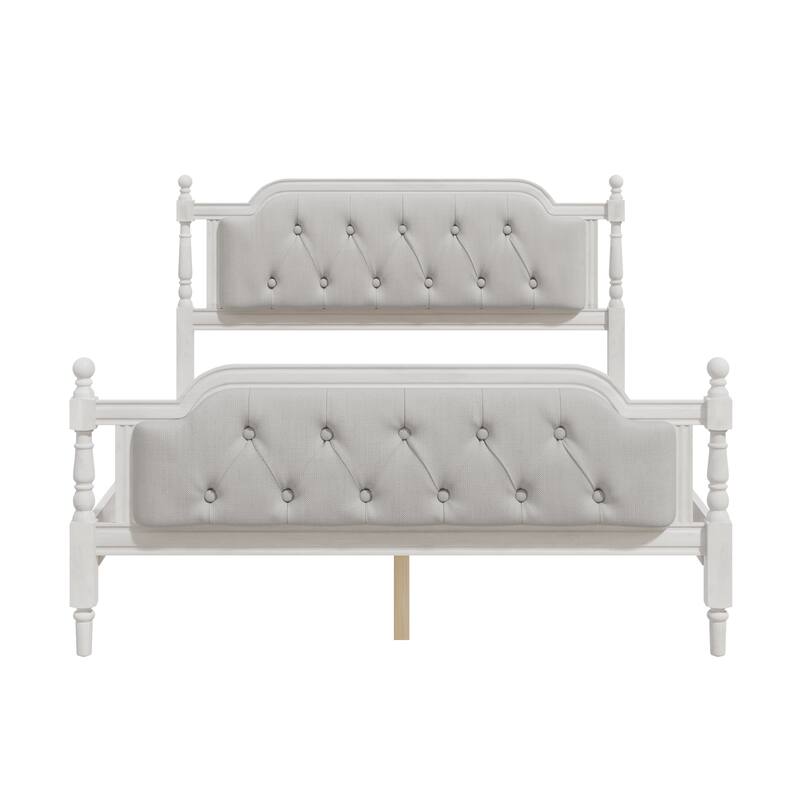 Wooden Platform Bed with Tufted Upholstered Headboard Footboard, No Box Spring Needed, Wood Slat Support Low Profile Bed
