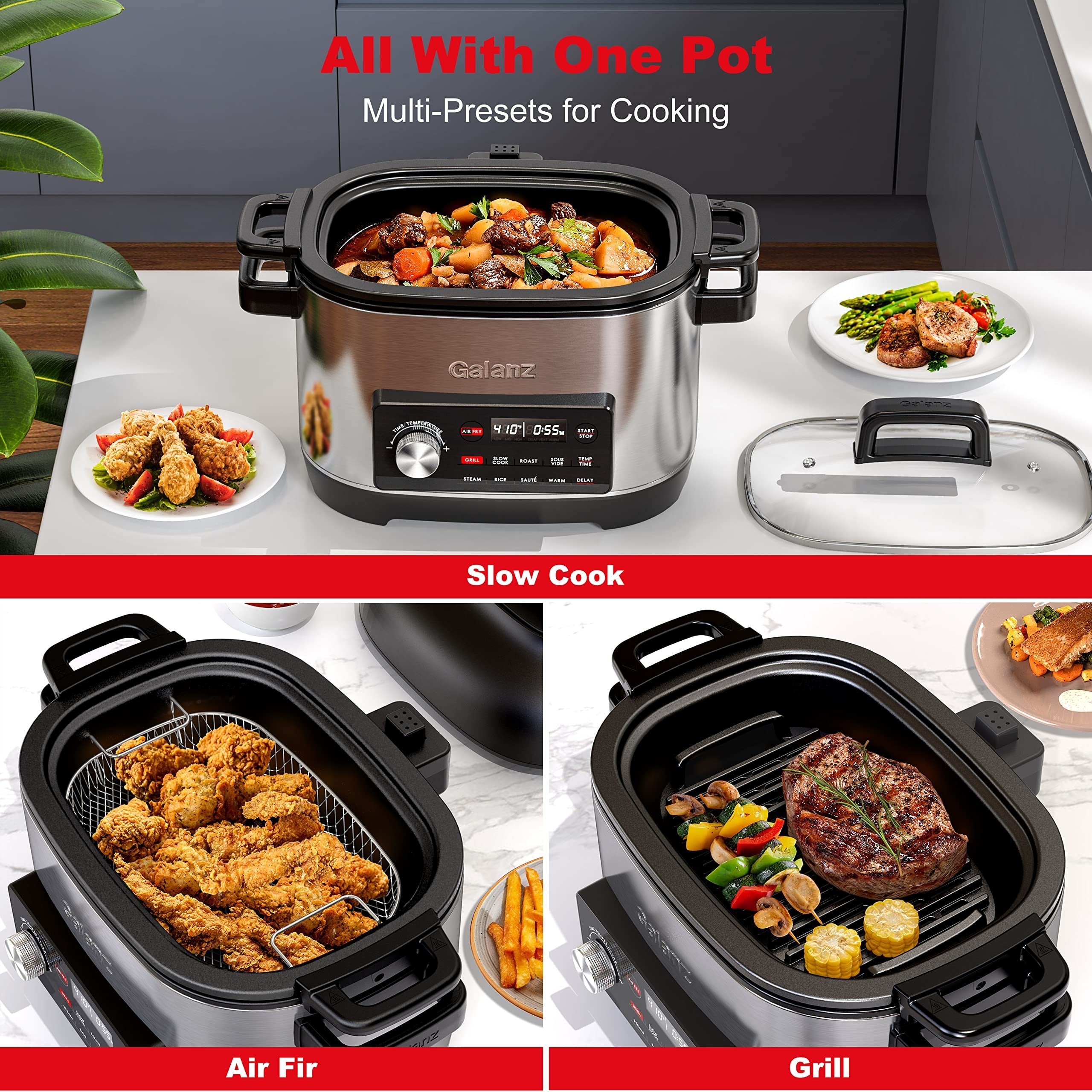 8 in 1 Multi Cooker with Air Fry Sous Vide Rice Saute Slow Cook Steam Roast Grill 8 QT Cooking Bowl 8 Pre Set Programs Bed Bath Beyond 39085922