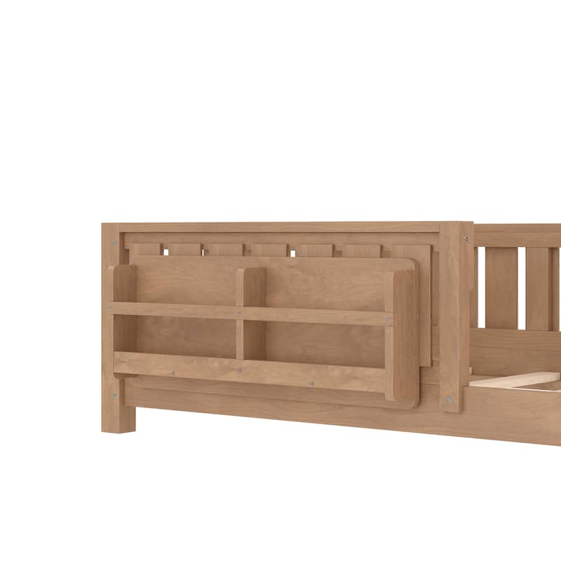 Low Profile Montessori Bed Floor Platform Bed with Fence and Bookshelf