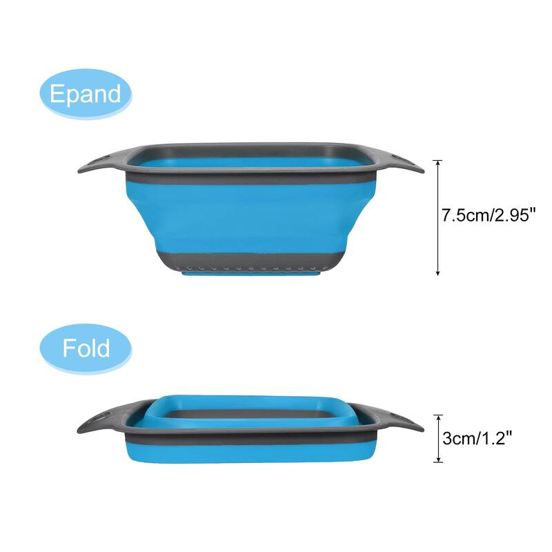 Collapsible Colander Set, Square Foldable Strainer with Handle - 24cm x 18.4cm x 7.5cm