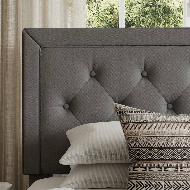 Modern Linen Upholstered Platform Bed with Tufted Button Headboard and Wood Slat Support