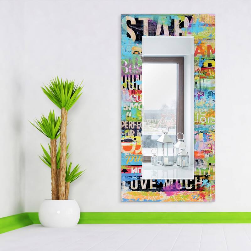 "Metro Mix"Abstract Rectangular Beveled Wall Mirror on Free Floating Printed Tempered Glass - Multi - 72 x 36
