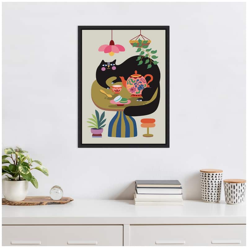Kate and Laurel Sylvie Fat Cat Tea Party Framed Canvas by Rachel Lee