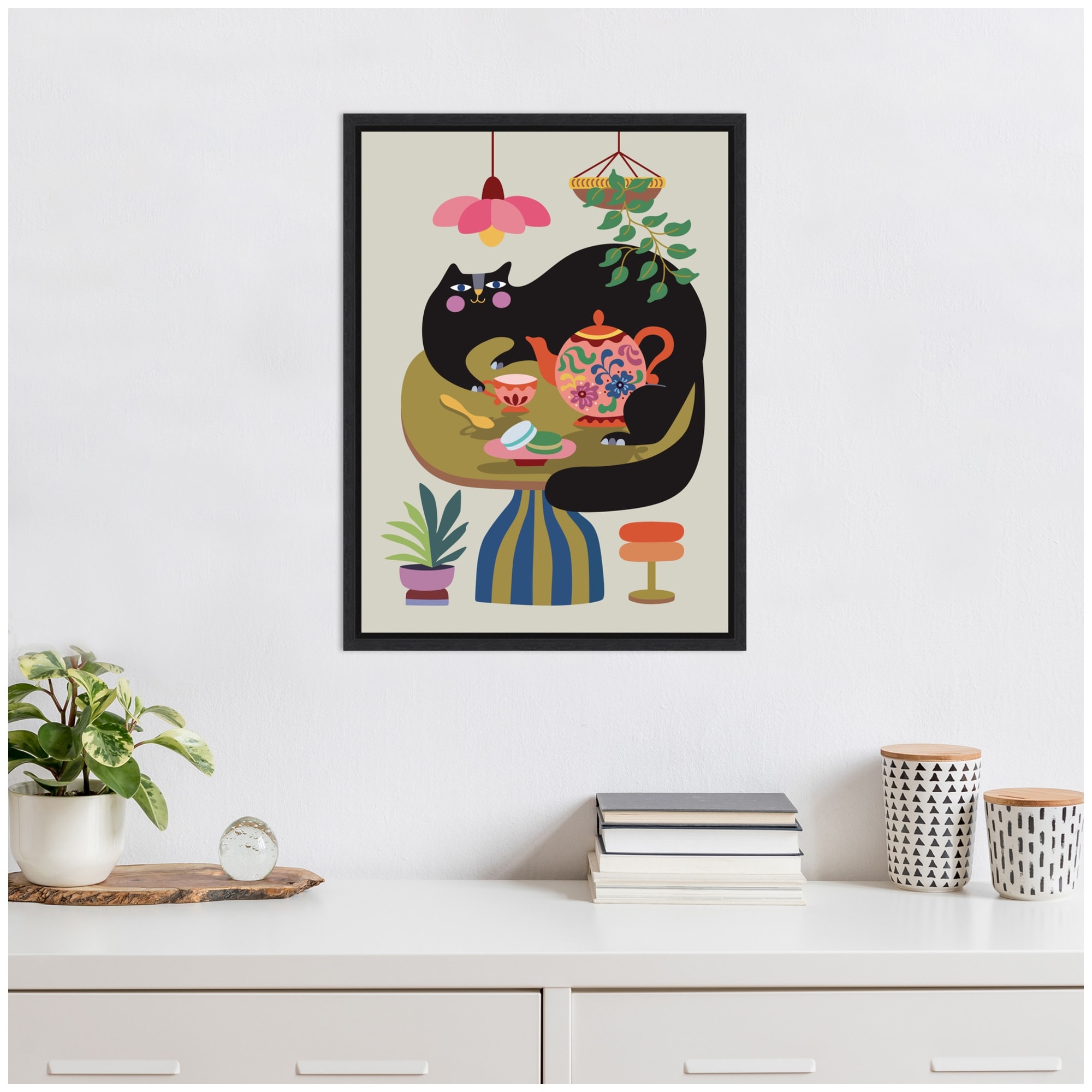 Kate and Laurel Sylvie Fat Cat Tea Party Framed Canvas by Rachel Lee