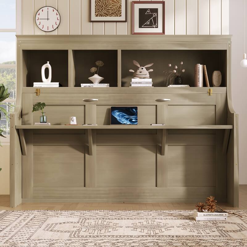 Twin Size Murphy Bed Cabinet with Fold-down Desk and Storage Bookcase Shelves