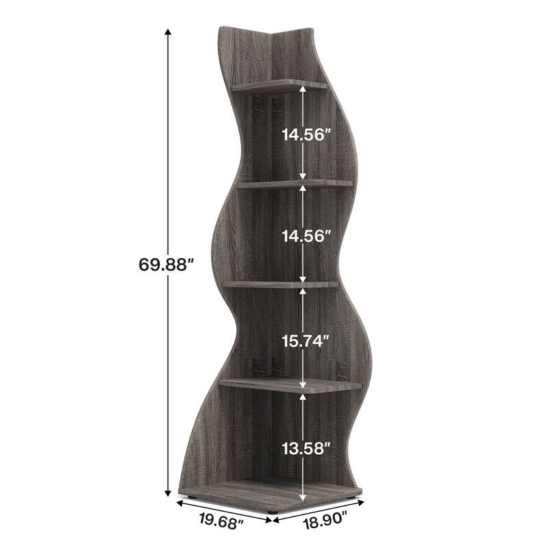 Modern Wood Corner Shelf, 5-Tier Bookshelf Bookcase for Living Room