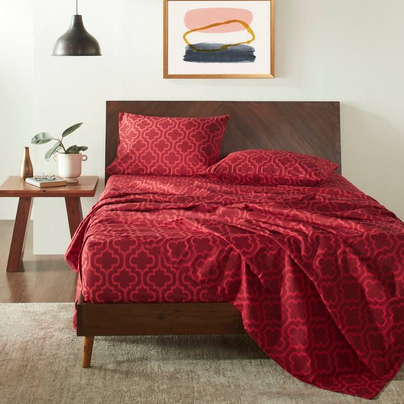 Superior Flannel Cotton Trellis or Solid Deep Pocket Bed Sheet Set - King Trellis - Burgundy