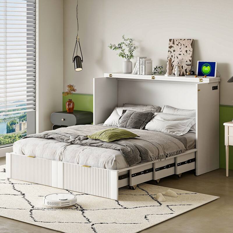 Space-Saving Full Size Murphy Bed with Drawer, USB Ports, and Smooth Pulley Design - White