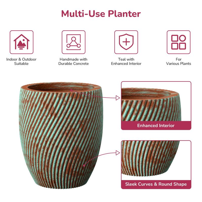 Concrete Tall Round Planter with Teal Stripes with Drainage Holes