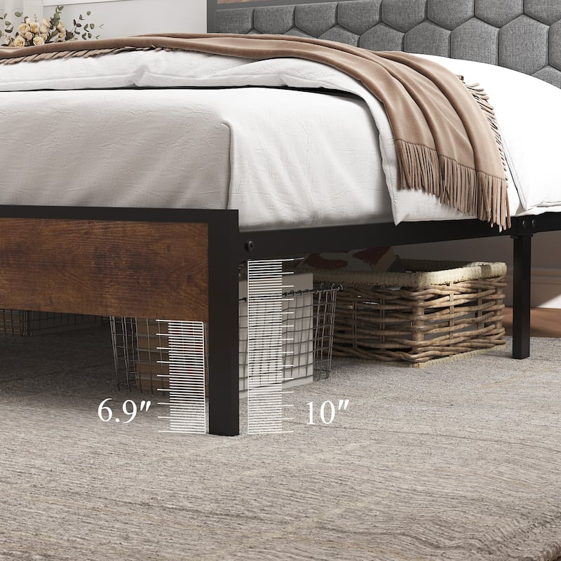 Platform Bed Metal Bed Frame with Soft Package Headboard, USB Ports, Storage Shelf, Under Bed Storage, Noise Free, Grey Brown