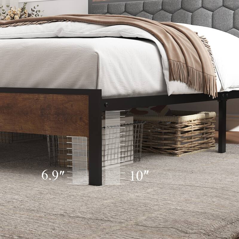 Queen Bed Frame Headboard, wooden platform bed frame, bedside with soft packaging and 2 USBs, no noise