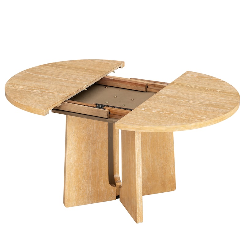 Solid Wood 57.3" Round Dining Table with Extendable Top and Removable Leaf for Gatherings and Family Meals
