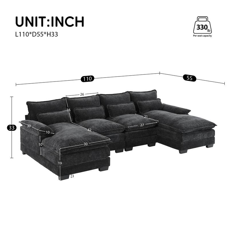 110" U-Shaped Chenille Sectional Sofa with 6-Seat Modular Cloud Couch and Chaise Lounge & Lumbar Pillows (330lb/Seat Capacity)