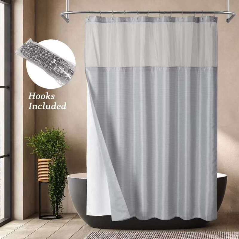 Slub Linen Texture Snap-in Liner Shower Curtain with Hooks
