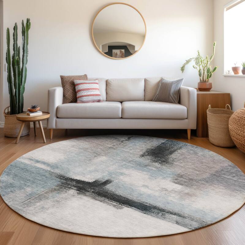 Machine Washable Indoor/ Outdoor Contemporary Abstract Chantille Rug - Blue - 8' x 8'