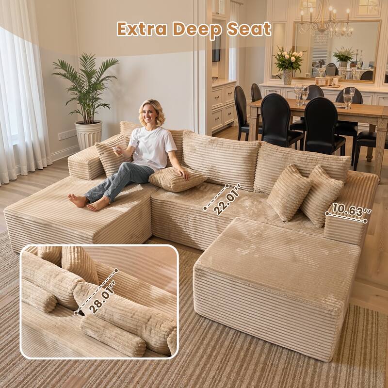 HOOOWOOO Modern Plush Corduroy L-shaped Sofa Chaise Lounge with Ottoman