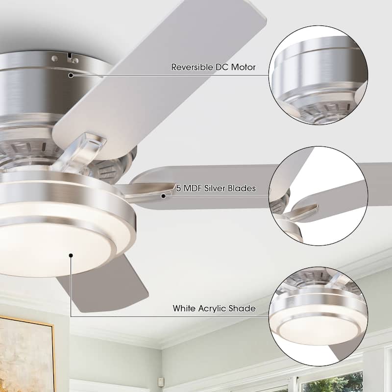 52" Modern Brushed Nickel 5-blade Flush Mount Ceiling Fan with Light and Remote