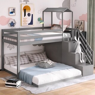 Twin over Full House Bunk Bed with Shelves and Storage Staircase - Bed ...