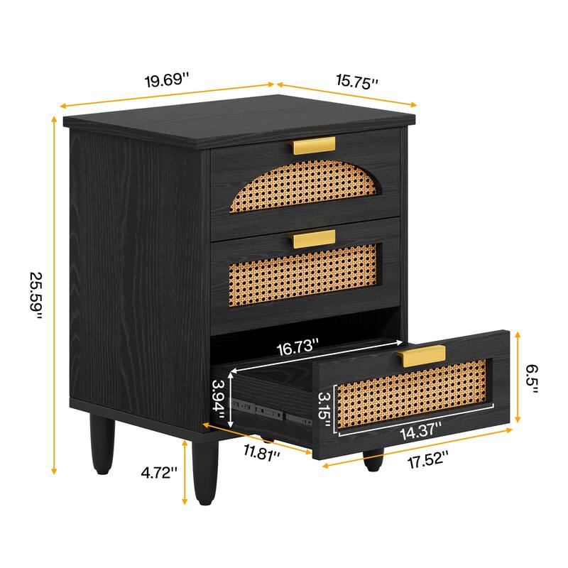 Wood and Rattan 3-drawer Nightstand Bedside Table (Set of 2) - On Sale ...