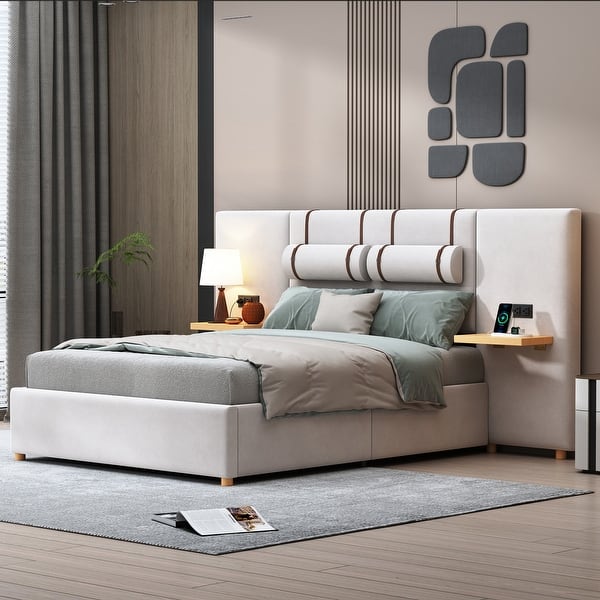 slide 2 of 11, Full Size Platform Bed with 2 Outlets and USB Charging, Upholstered Bed with 2 Bedside Pillows, and Storage Shelves, Beige Beige