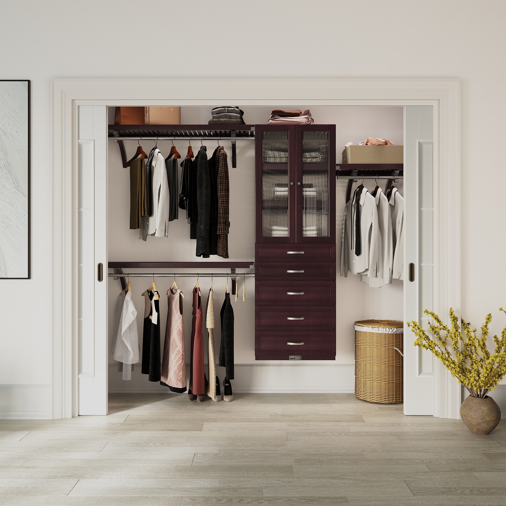 John Louis Home Solid Wood Reach-In Closet System with 5-Drawers and Doors Espresso