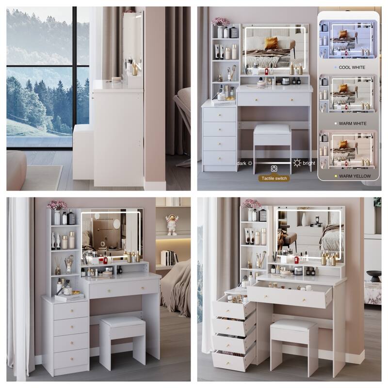 41" Large Vanity Set with 3-Color LED Mirror and Cushioned Stool