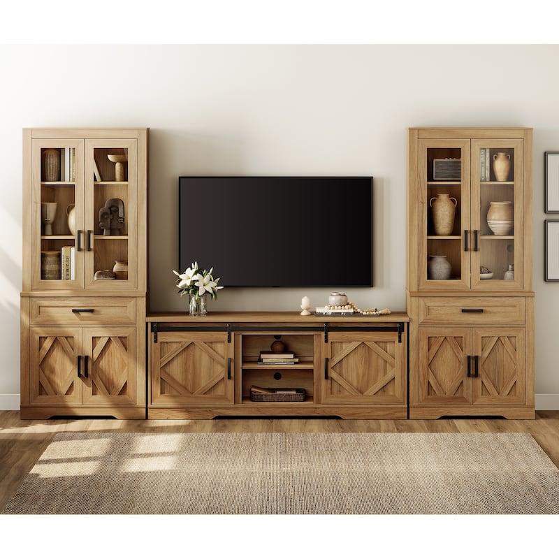 Modern Farmhouse TV Stand with Bookcase for 65" 75" TV with Barn Door for Living Room, Bedroom & Home Office - Walnut