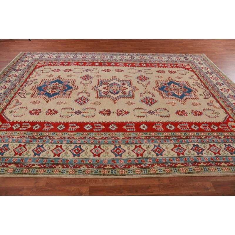 Hand Knotted Oriental 100% Wool Carpet Traditional Geometric Beige & Ivories Kazak Area Rug - 12' 3'' X 9' 0''