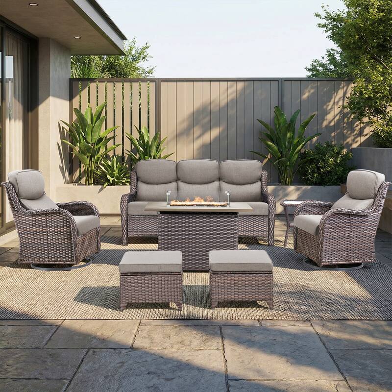 Pocassy Outdoor Fire Pit Sofa Swivel Chairs Ottoman Conversation Set - Brown Wicker Gray Cushion - 7-Piece Sofa Swivel Chair Ottoman w/ Fie Table