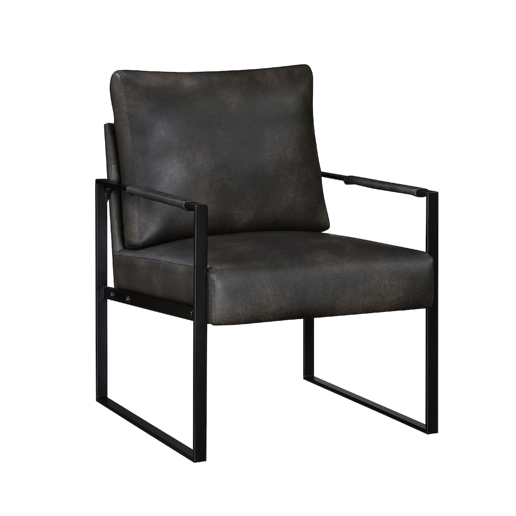 Mackie Accent Armchair, Dark Gray Faux Leather, Black Metal Frame