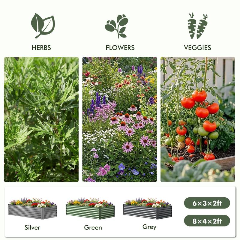 Meyreso 8ft x 4ft x 2ft Galvanized Raised Garden Bed, Thick Metal Planter Box, Rust Proof, Weather Resistant, Open Base