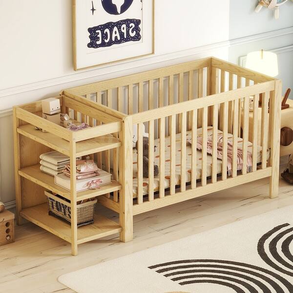 slide 2 of 9, Natural Convertible Crib/Full Size Bed with 3 Layers Changing Table, Adjustable Height and Guardrails
