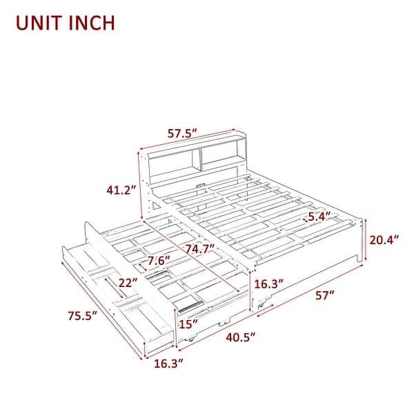 Grey Full Size Pine Wood Platform Bed with Storage Headboard, Twin Trundle, and 3 Drawers