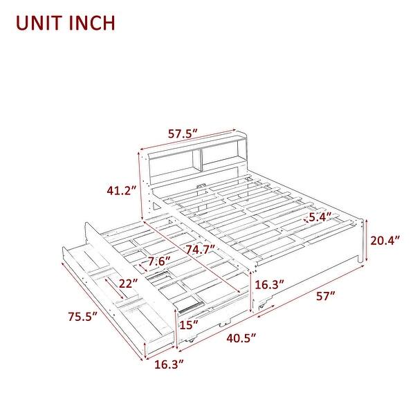 White Platform Bed with Bookcase, Twin Trundle, Drawers