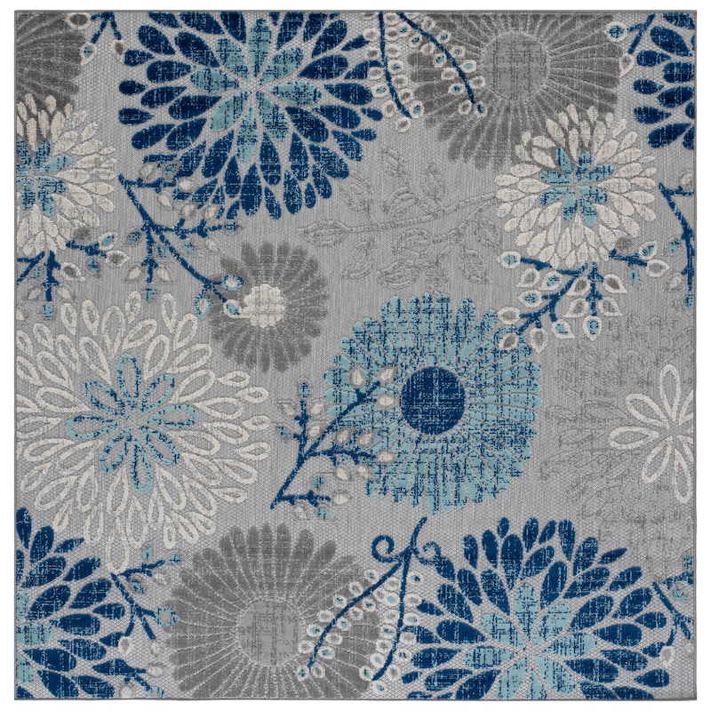 SAFAVIEH Cabana Hillechien Indoor/ Outdoor Waterproof Patio Floral Rug - 6'7" Square - Grey/Blue