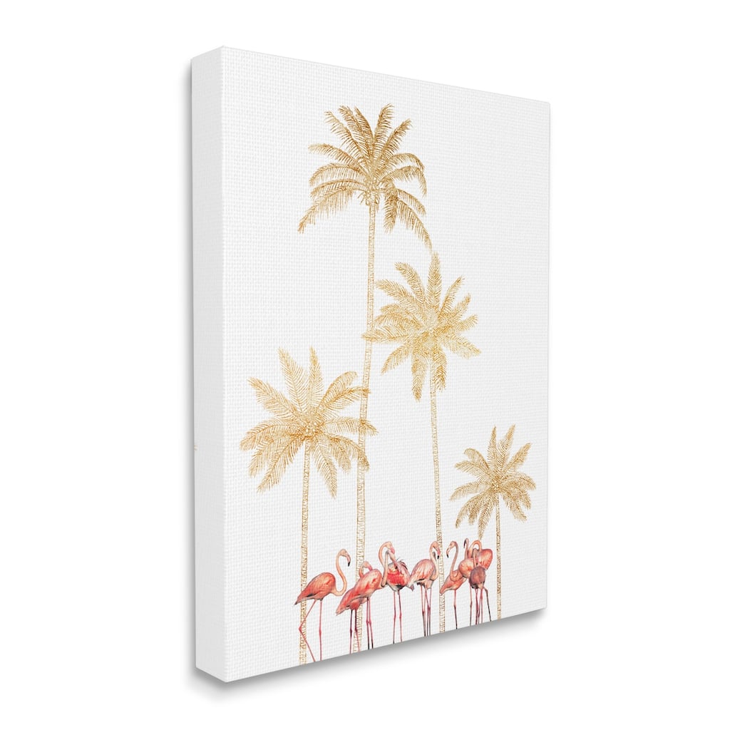 Stupell Pink Flamingos Tropical Gold Outline Palm Trees Canvas Wall Art