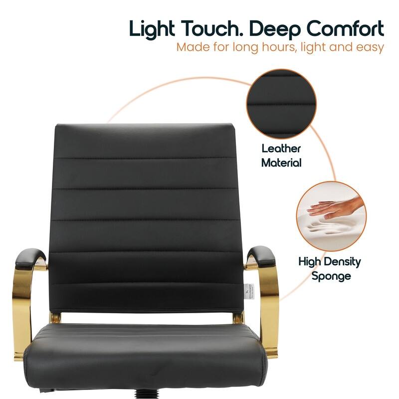 Benmar Mid-Back Leather Office Desk Chair in Gold Stainless Steel Frame Adjustable Height Tilt Lock 360 Swivel Ergonomic Chair
