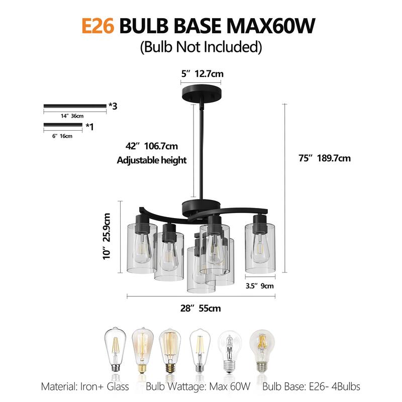 6-Light Modern Farmhouse Black Chandelier - Adjustable, Kitchen, Dining - Clear Glass