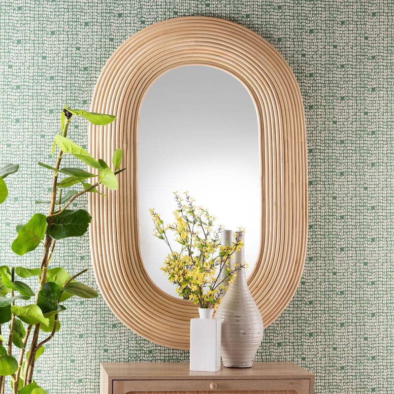 Drucilla Modern Bohemian Natural Brown Rattan Oval Accent Wall Mirror