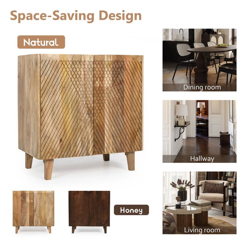 Wood Accent Cabinet with Storage, Rustic Mango Wood Storage Cabinet with Fluted Design and Adjustable Shelf for Dining R
